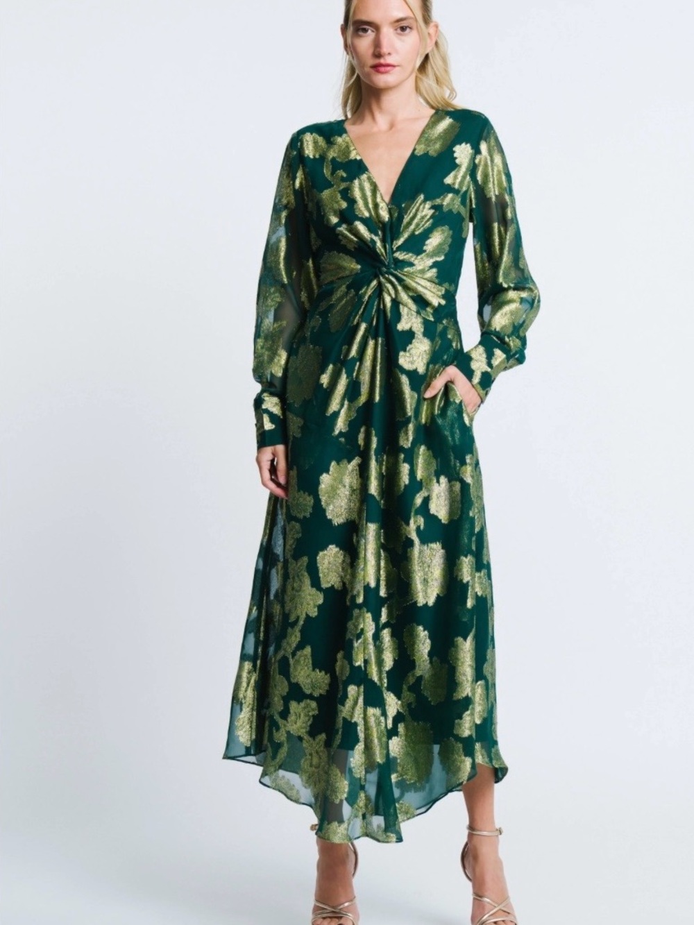 CIEBON Devyn Metallic Chiffon Twist Front Maxi Dress NWT Sz S Bold Minimalist